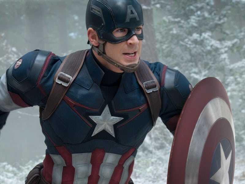 Chris Evans as Captain America running in his costume on a winters day