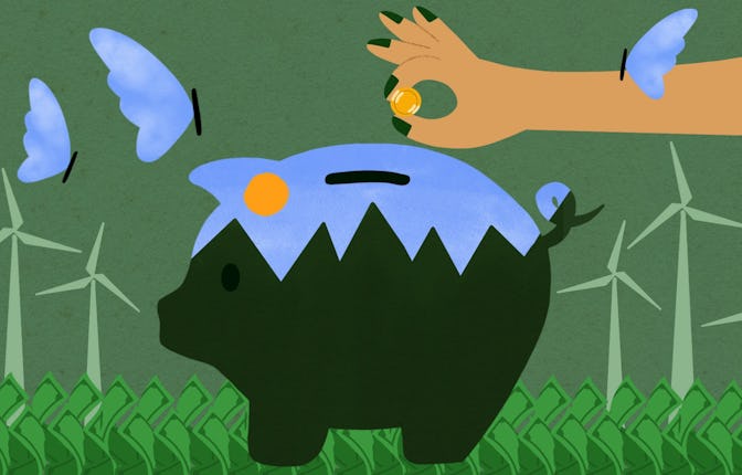 An illustration of a hand with green nail polish, throwing a coin into a blue and green piggy bank w...
