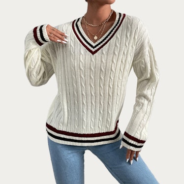 Contrast Binding Cable Knit Sweater