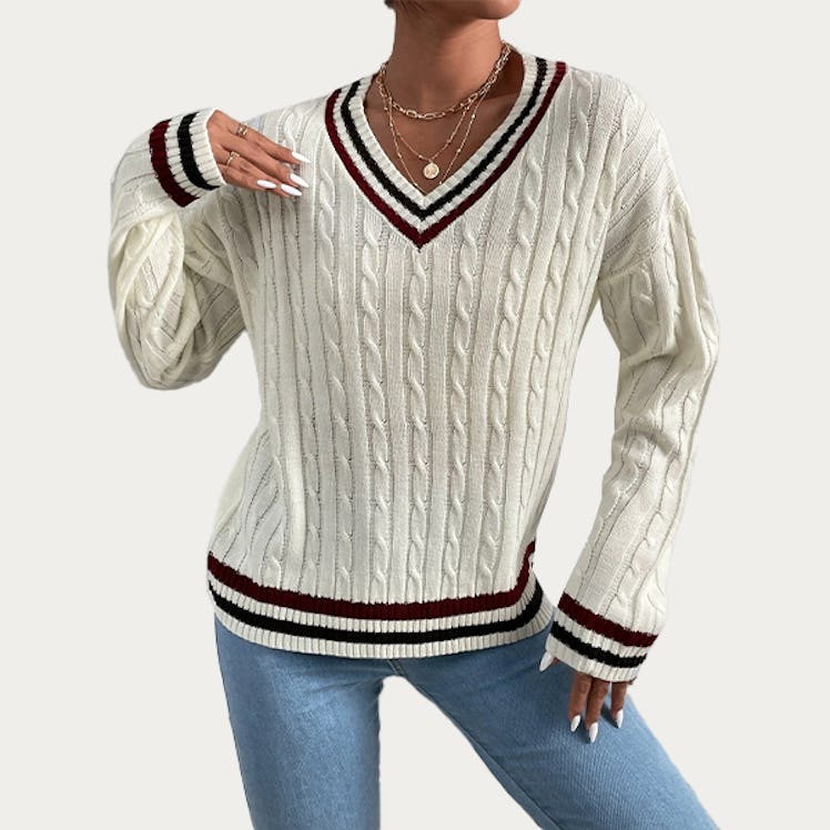 Contrast Binding Cable Knit Sweater