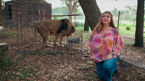 Carole Baskin of "Tiger King" poses near a tiger.