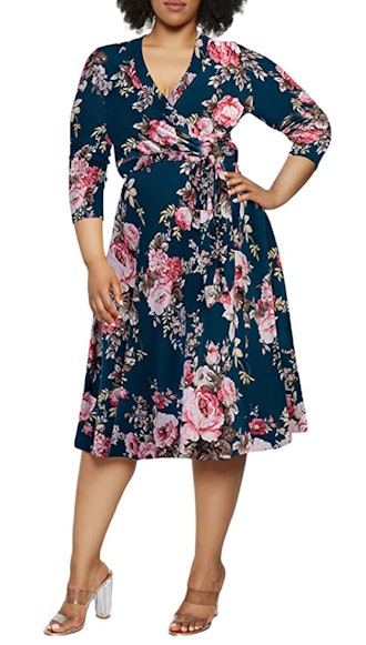 Pink Queen 3/4-Sleeve Faux Wrap Floral Dress 