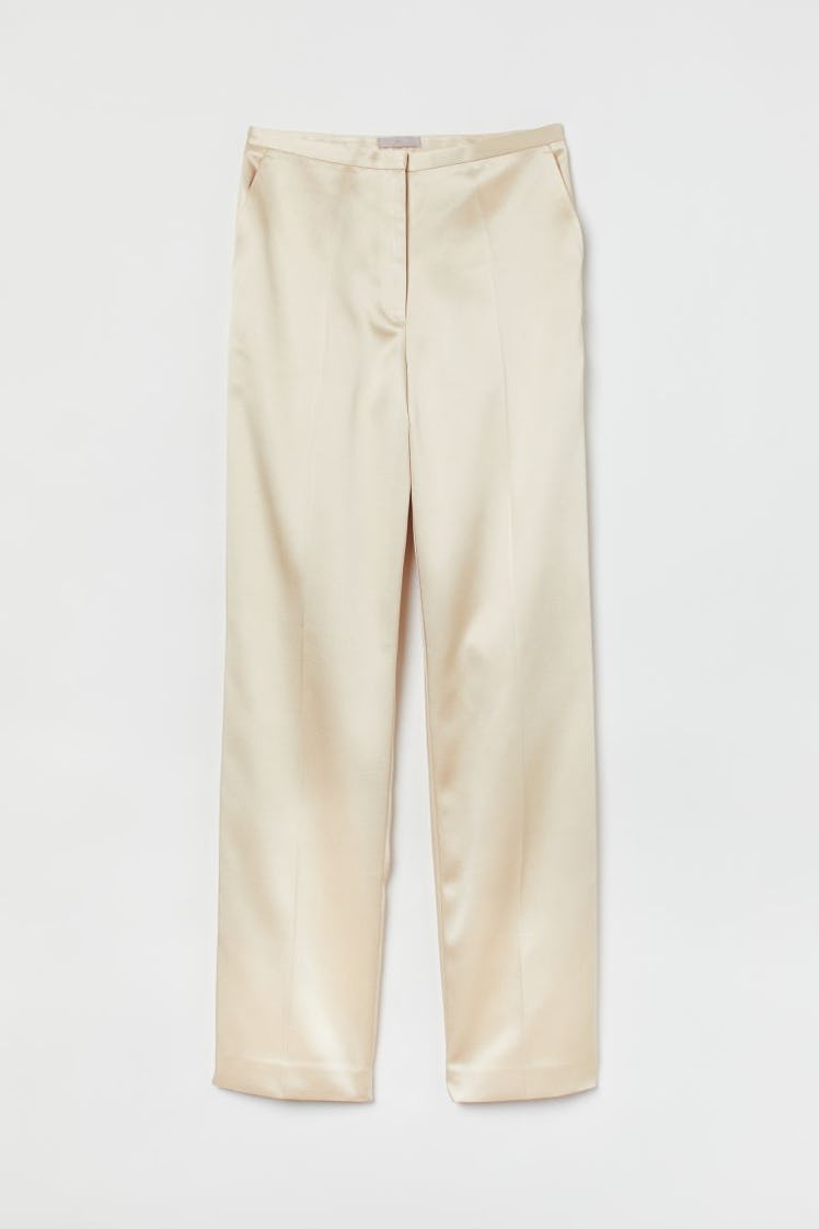 Beige Straight-leg Satin Pants with Creases from H&M.