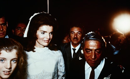 Kennedy wore her hair tied back with a white ribbon at her wedding in 1968.
