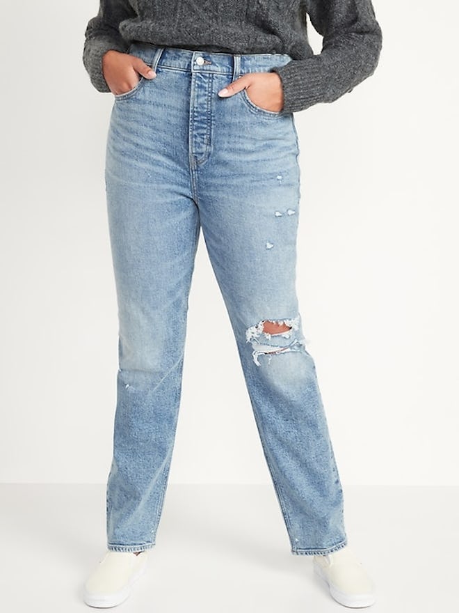 Extra High-Waisted Button-Fly Sky Hi Straight Light-Wash Ripped Jeans