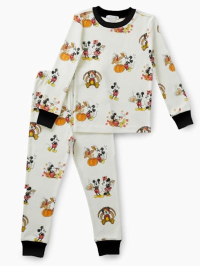 Image of kids Thanksgiving pajama set with Mickey Mouse Thanksgiving print.