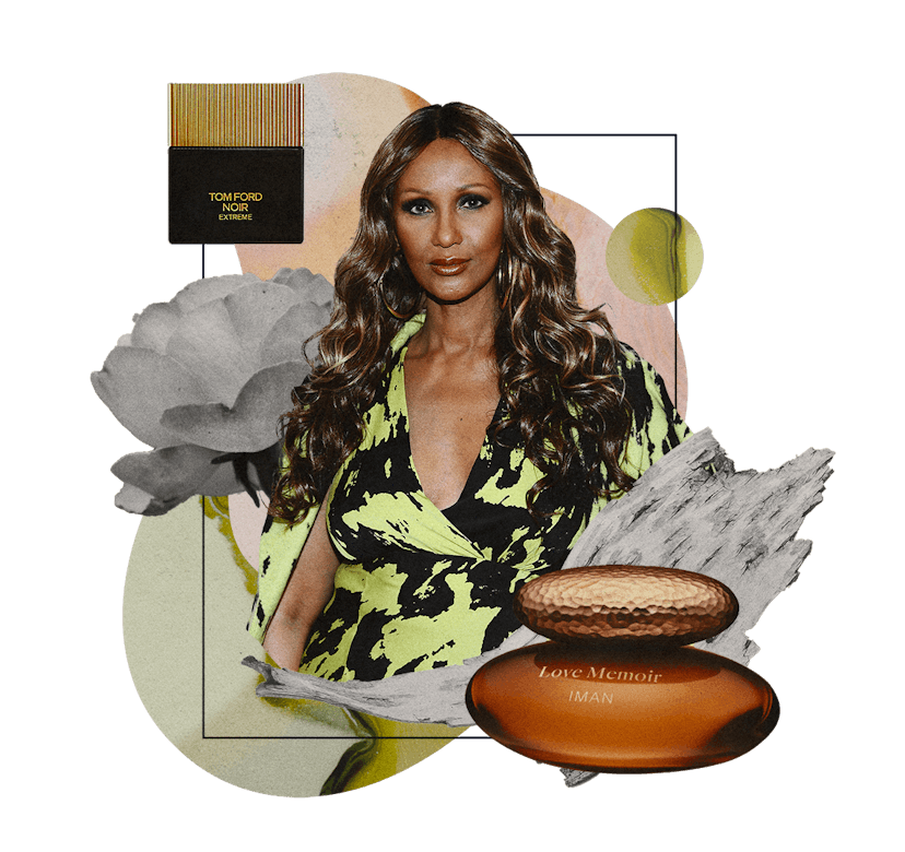 A collage with model Iman Abdulmajid, her perfume Love Memoir and Tom Ford's Noir