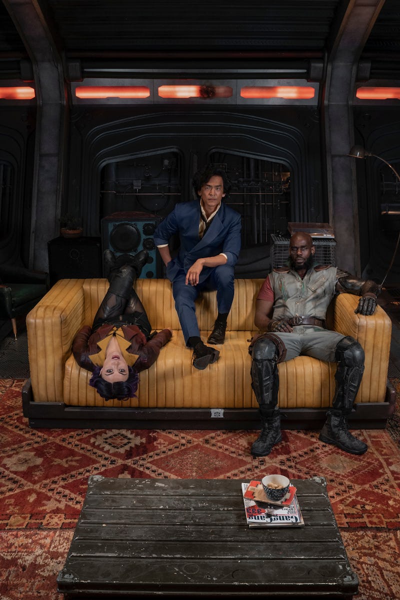 John Cho as Spike Spiegel, Mustafa Shakir as Jet Black, and Daniella Pineda as Faye Valentine in 'Co...