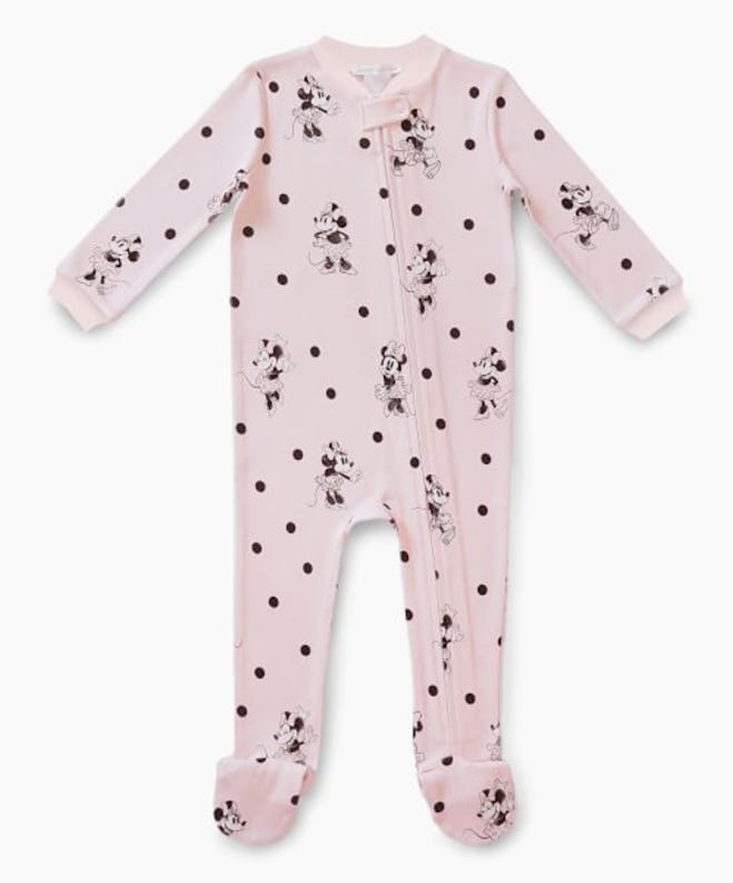 Image of baby footed pink pajamas with Minnie Mouse print.