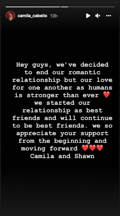 Camila Cabello announces breakup from Shawn Mendes on Instagram.