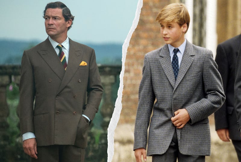 Dominic West as Prince Charles in 'The Crown' Season 5, split with a young Prince William