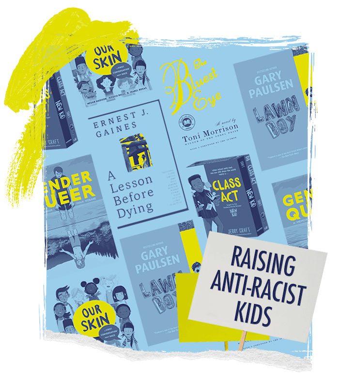 A collage of books that are being banned with "raising anti-racist kids" at the bottom