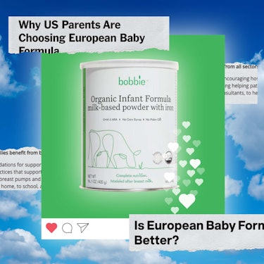 A can of Bobbie formula with headlines around it: "Why US Parents Are Choosing European Baby Formula...