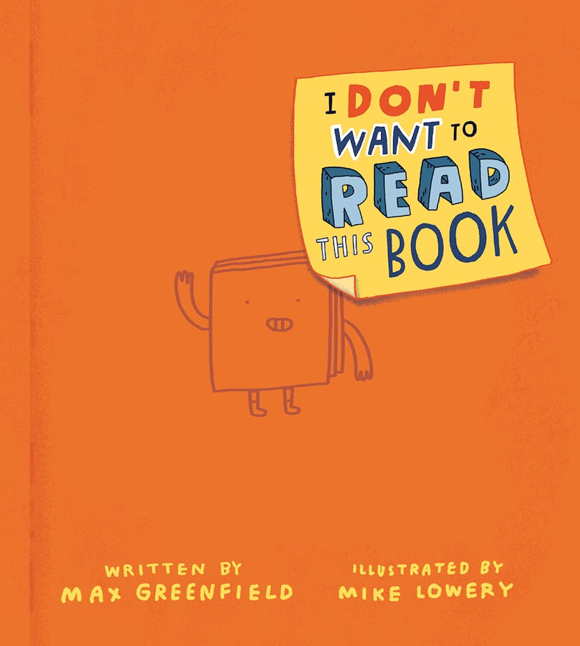 The cover of Max Greenfield's book, which features a cartoon book drawn on the orange background, un...