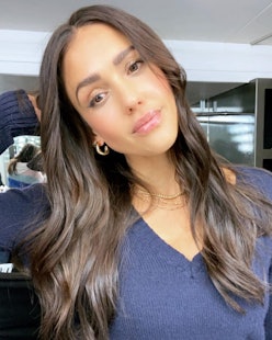 Jessica Alba blue sweater selfie with long hair