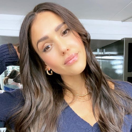Jessica Alba blue sweater selfie with long hair