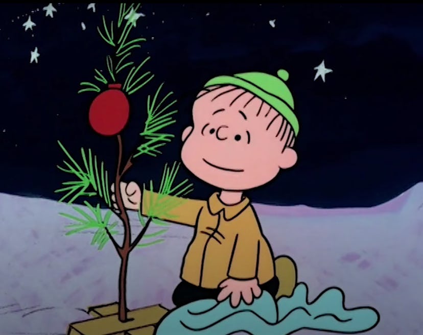 Still from 'A Charlie Brown Christmas'; Linus holding up a tiny Christmas tree