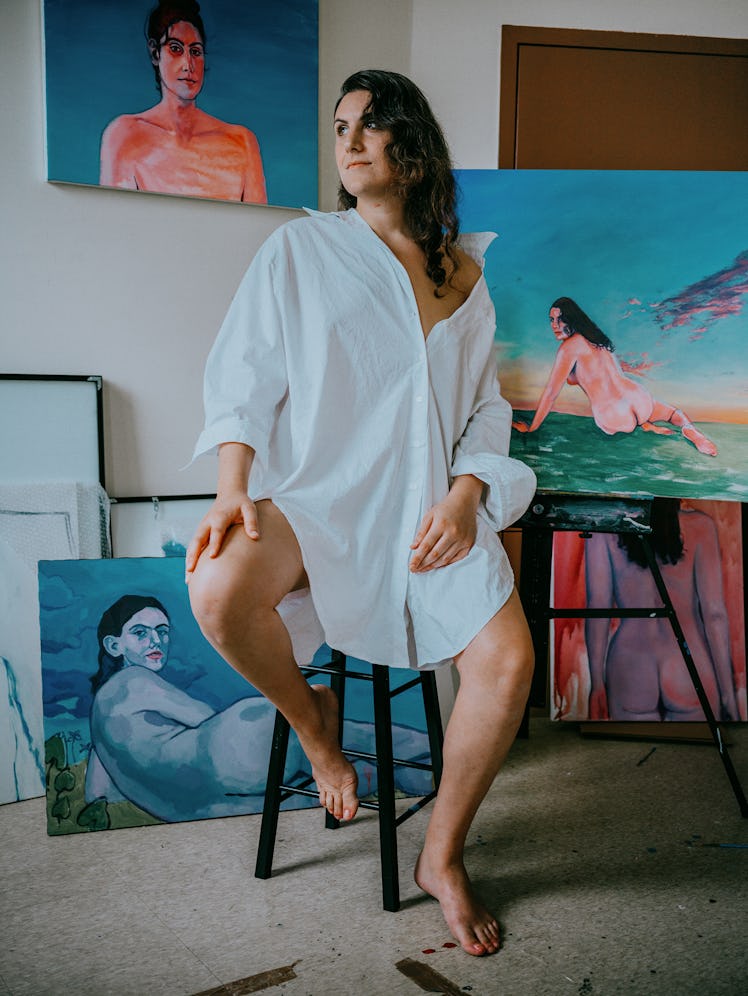 Nash Glynn in her Brooklyn studio in an oversized white button-up