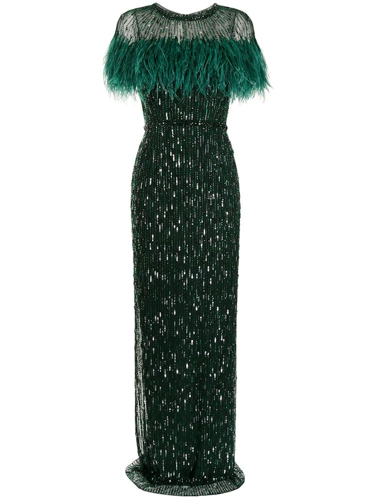 Jenny Packham sequined feather-trim gown 