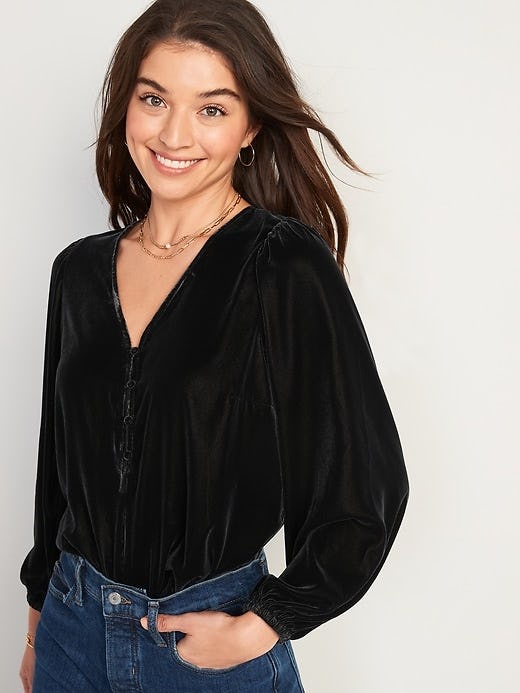 Long-Sleeve V-Neck Velvet Blouse