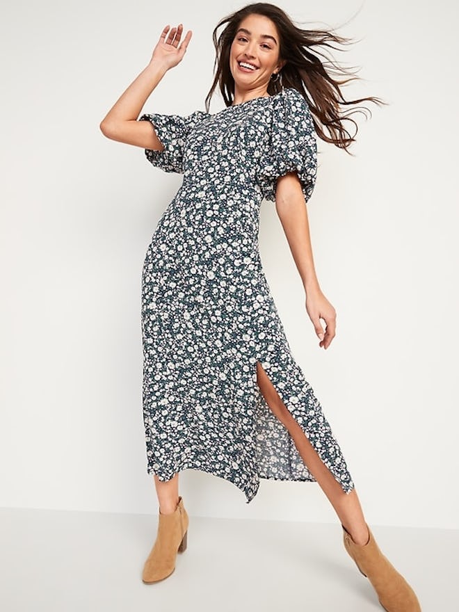 Puff-Sleeve Floral Maxi Shift Dress