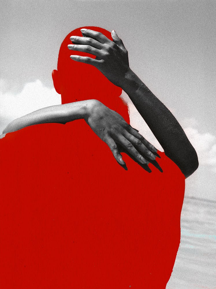 Hands of a woman hugging a red shadow of a man
