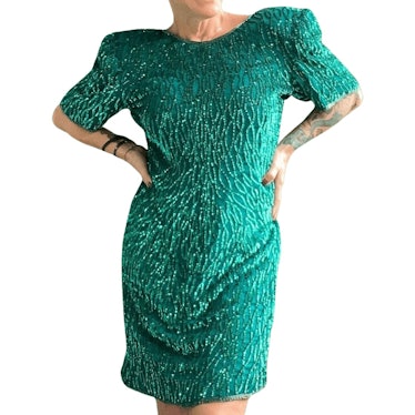 Cougar Vintage Emerald Green Sequined Beaded Shinning Dress