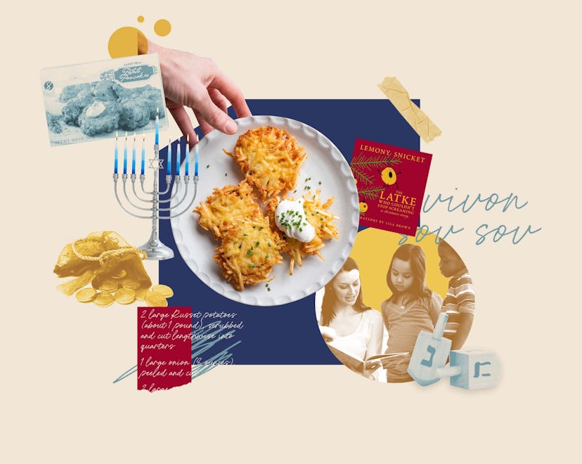 A collage of Latkes, a menorah and a photo of a teacher showing kids a book