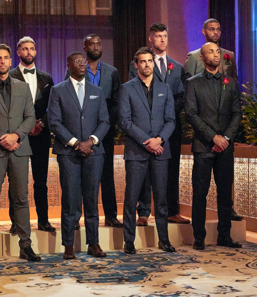 a group of eligible men await roses on 'The Bachelorette'