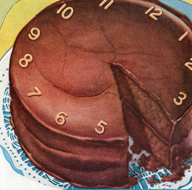 Vintage illustration of a chocolate cake decorated with a clock face