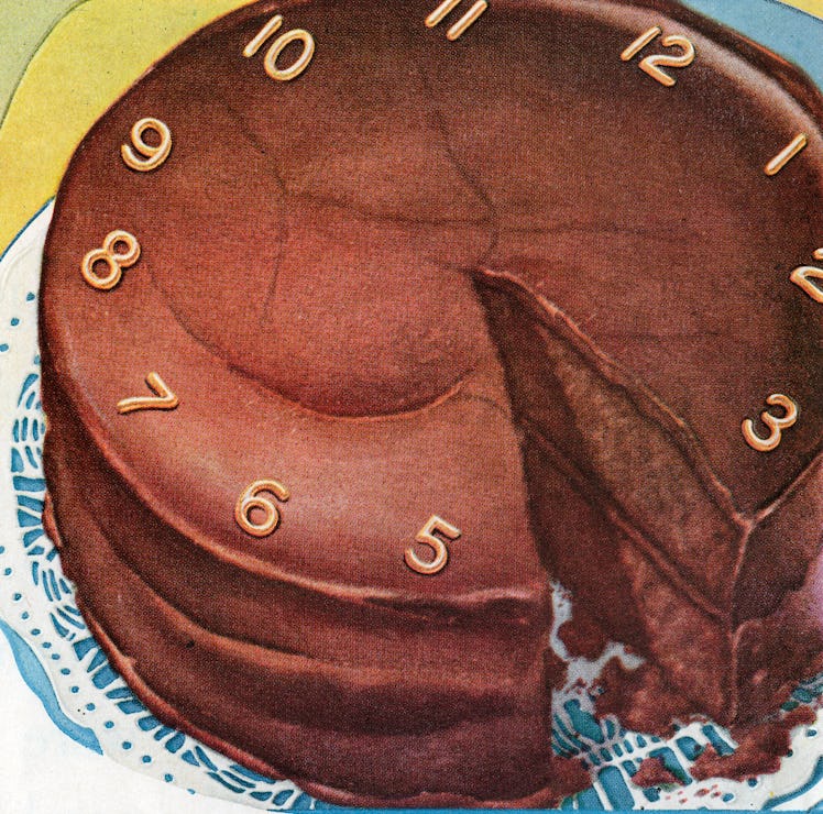 Vintage illustration of a chocolate cake decorated with a clock face