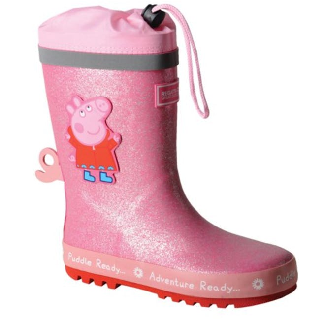 Image of pink kids Peppa Pig boots with adjustable drawstring leg closures.