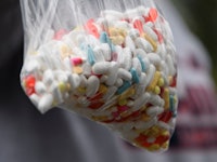 A bag of assorted pills and prescription drugs dropped off for disposal is displayed during the Drug...
