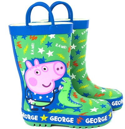 Image of blue and green kids' Peppa Pig boots featuring images of George and his dinosaur.