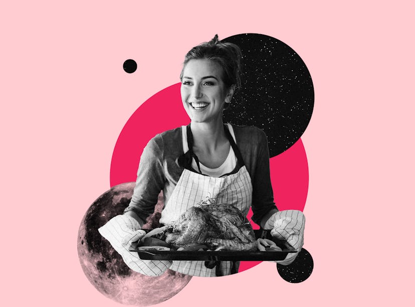 Young woman holding a turkey as she waits to hear her Thanksgiving 2021 horoscope, per her zodiac si...