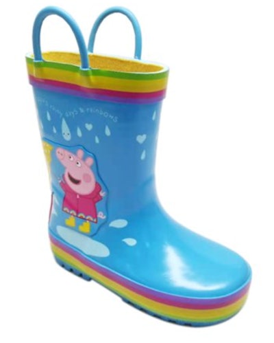 Image of blue pull-on kids rain boots with Peppa Pig design, and rainbow-colored sole trim.