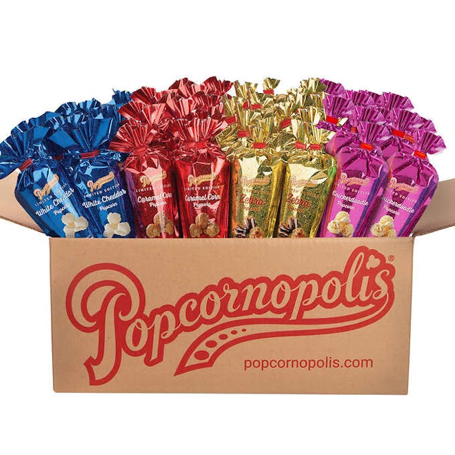 colorful popcorn cones from Costco in cardboard box