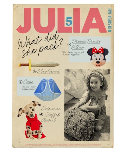 Julia packed a large, Minnie Mouse shaped pillow, a play sword, a costume cape, and a Dalmatian stuf...