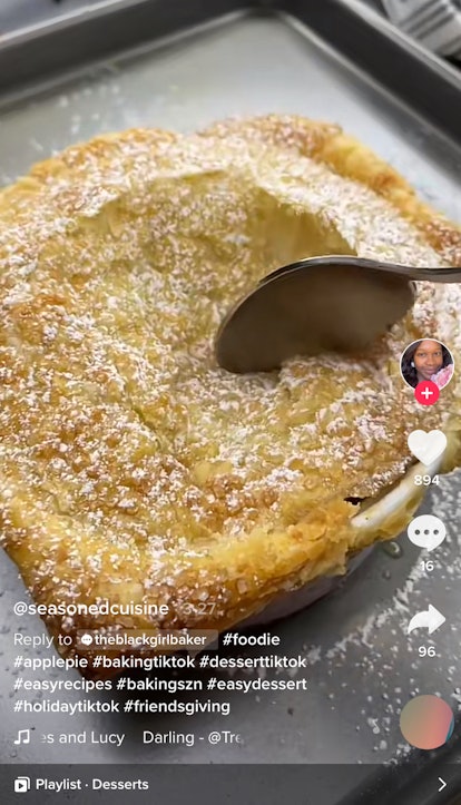A woman makes a lazy apple pie as a TikTok recipe hack for Friendsgiving. 