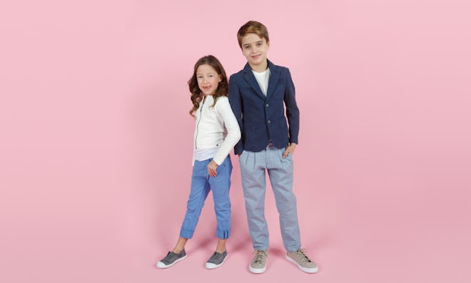 two child models (girl on left boy on right) for children's Subscription Box Of Italian Clothes