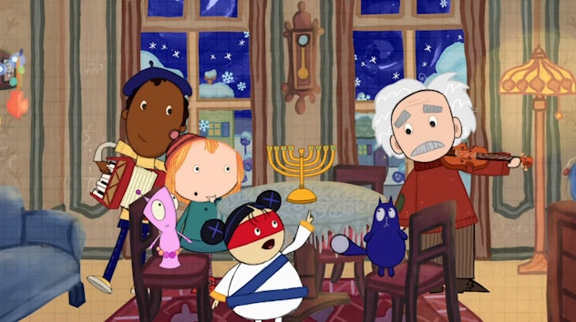 The cast of Peg+ Cat, plus Albert Einstein, celebrating Hanukkah