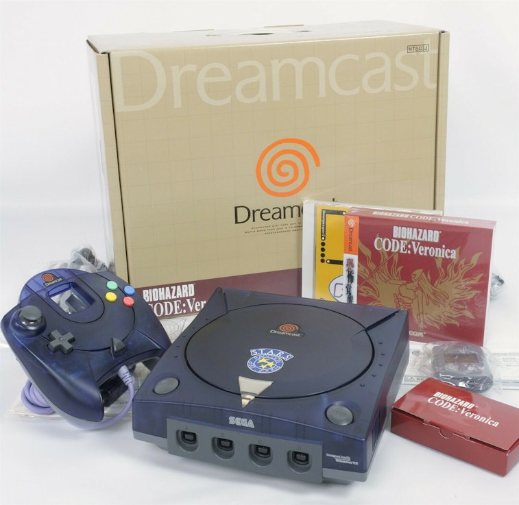 The special edition Dreamcast console laid out for display.