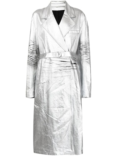 Belted silver trench coat from Peter Do, available to shop on Farfetch.