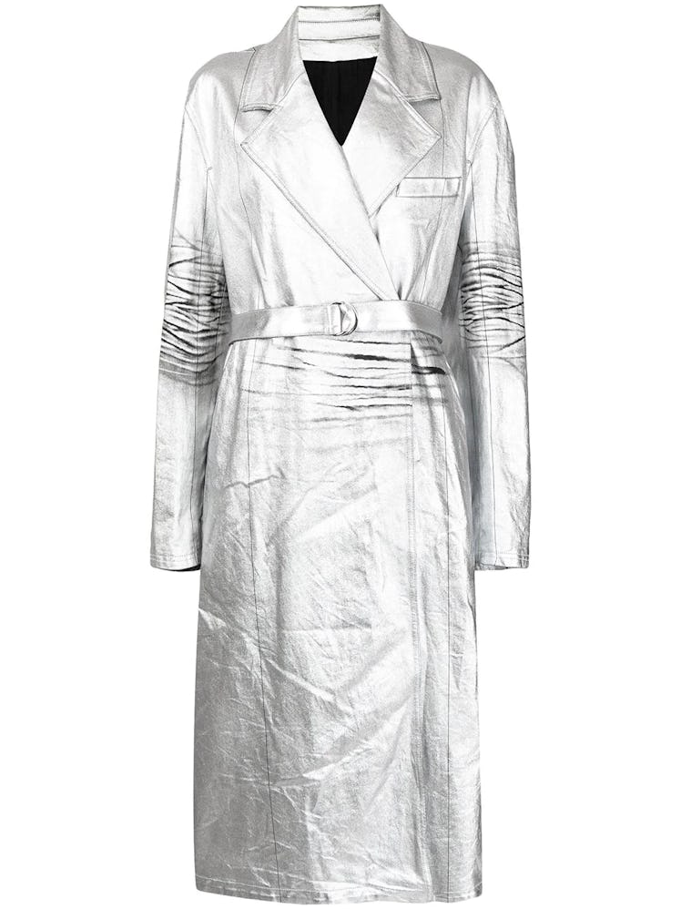 Belted silver trench coat from Peter Do, available to shop on Farfetch.