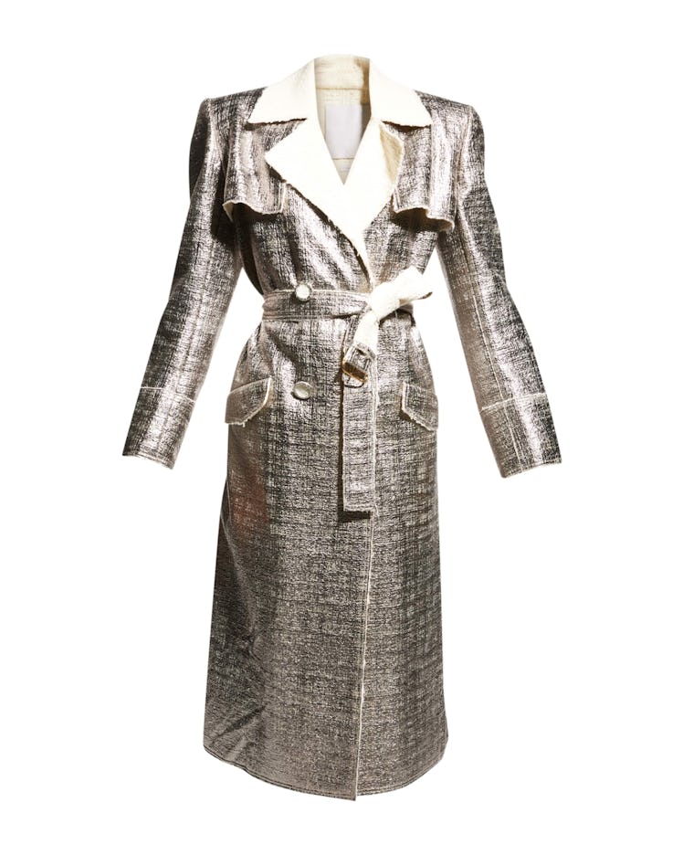 St. John Metallic Laminated Tweed Trench Coat, available to shop on Neiman Marcus.
