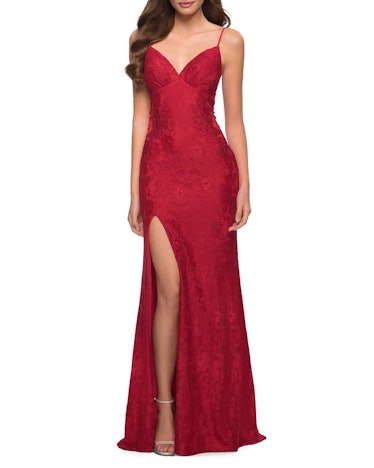 La Femme red Stretch Lace Gown with Lace-Up Back, available to shop on Saks Fifth Avenue.