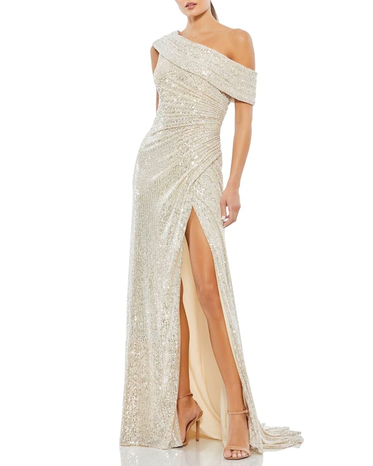 Ieena for Mac Duggal Metallic Sequin Off-Shoulder Gown, available to shop on Neiman Marcus.