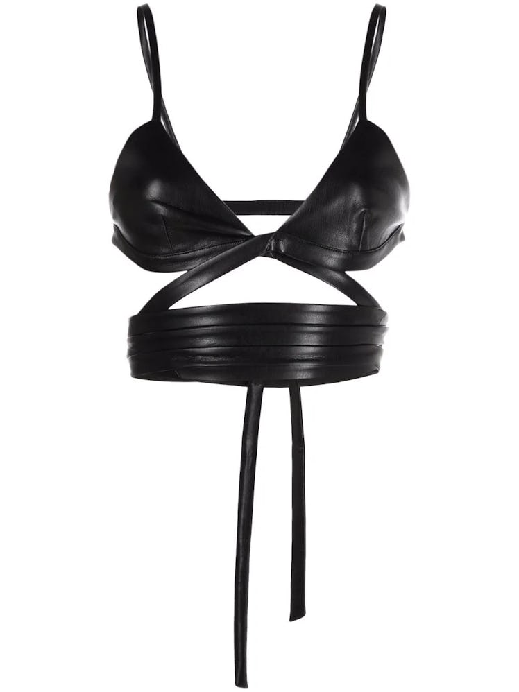 Black leather-effect bralette top from THE ANDAMANE, available to shop on Farfetch.