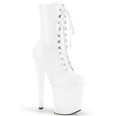 White Xtreme-1020 patent leather boots from Pleaser Shoes.