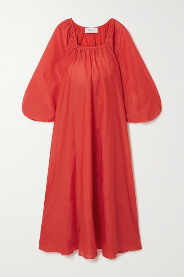 Voluminous red cotton-silk blend maxi dress